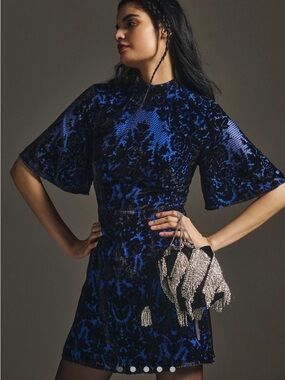 Anthropologie Mock-Neck Velvet Mini Dress in Blue/Black Pattern Size 6, NWT!